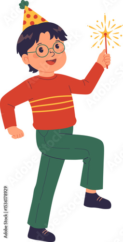 Boy Celebrating New Year with Sparklers


