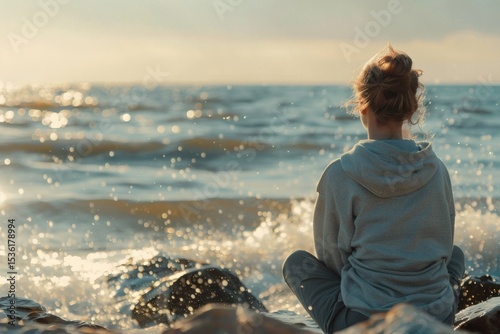 A person gazing at the waves on the rocks