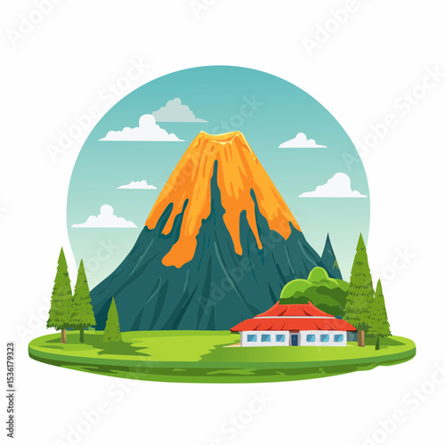 Majestic Mount Merapi Volcano Landscape Illustration