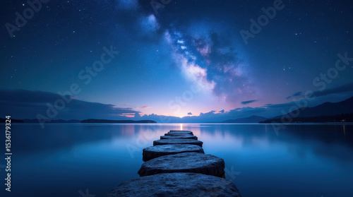 A Serene night sky with Milky Way over calm lake and stone path