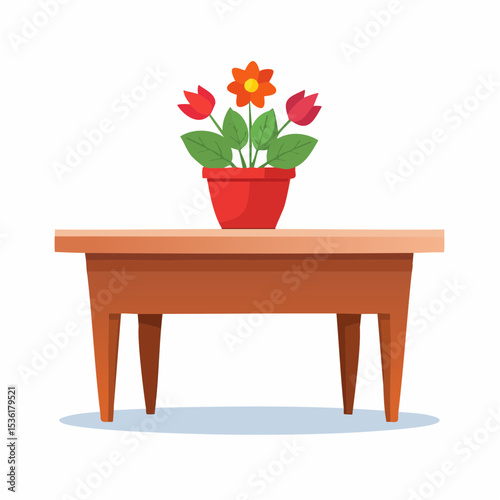 Vibrant Flowers in Pot on Wooden Table Home Decor Illustration