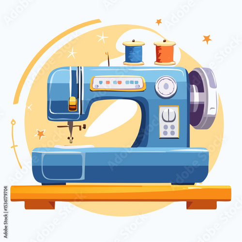 Vintage Sewing Machine Illustration Blue Sewing Machine on Wooden Table