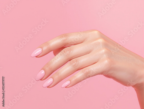 Hand with elegant pink nails is gracefully posed against soft pink background, showcasing minimalist and stylish manicure