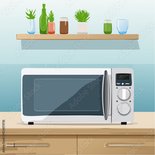 Modern Kitchen Microwave Oven on Countertop with Shelf Decor