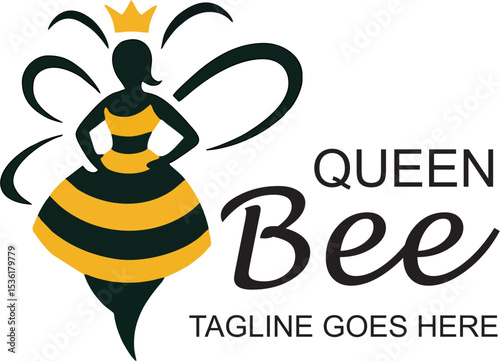 queen bee logo vector mascot female character honeybee icon crown yellow black stripe modern business branding design