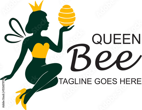 queen bee logo vector female insect icon with crown yellow black stripe modern design for honey product branding