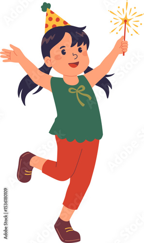 Girl Dancing with Sparklers at New Year

