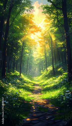 Sunlit Forest Path Mockup with Light Rays and Lush Greenery


