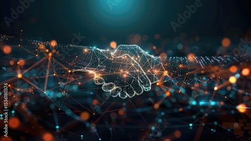 Abstract digital handshake for business concept on dark background with bokeh lights, technology and innovation idea.