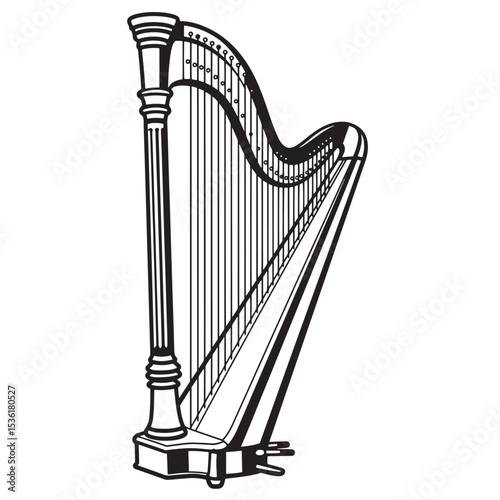 An elegant black and white silhouette illustration of a concert harp capturing musical elegance and classical artistic design