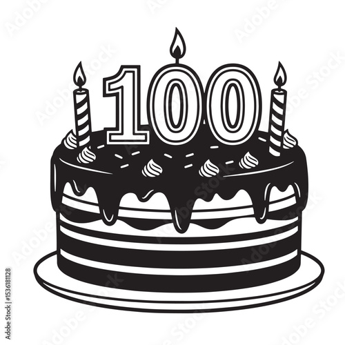 Black and white illustration of a birthday cake with candles and the number one hundred celebrating a centennial.