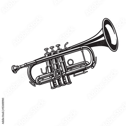 Detailed black and white silhouette illustration of a trumpet depicting musical instrument design vector art for musical performances and jazz themed projects