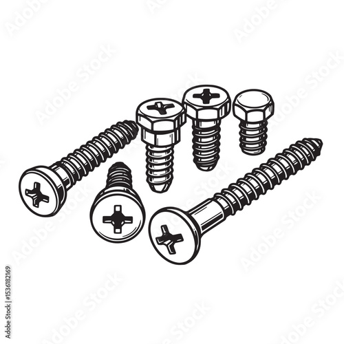 Detailed black and white vector illustration of various types of screws and bolts for construction hardware and engineering applications in a silhouette style.
