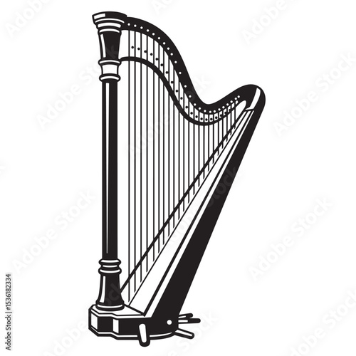 Elegant black and white silhouette illustration of a classic concert harp standing alone on a stark white background ready for music