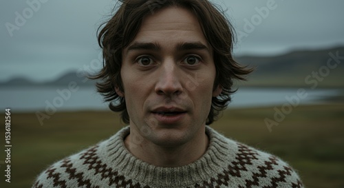 A Man's Astonished Face Against a Serene Landscape