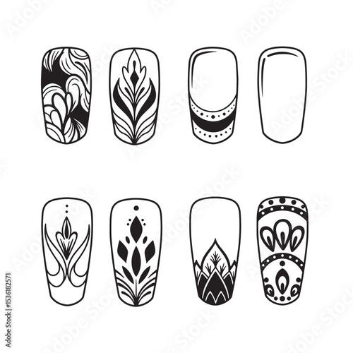 Elegant silhouette nail designs featuring floral and geometric ornamentation perfect for manicure and beauty related projects