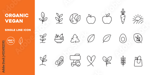 Single Line Organic Vegan Icons Set – Minimalist Vector Silhouettes of Plant-Based Lifestyle Symbols