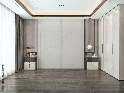 Wallpaper Mural Modern empty luxury bedroom interior design in beige color and wooden floor for urban apartment 3D rendering, blank room in light gray and decor with bedside drawer and elegant fitted wardrobes. Torontodigital.ca