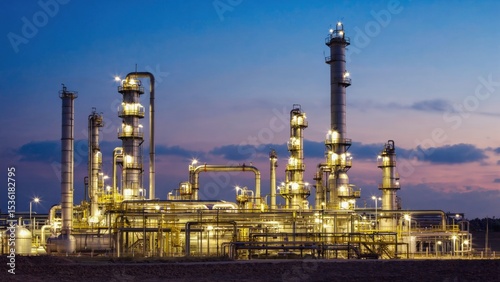 Industrial operations at dawn oil refinery urban landscape wide shot energy production