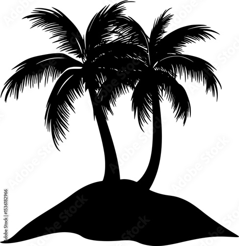 Black Silhouette Vector of Tropical Island and Palm Tree