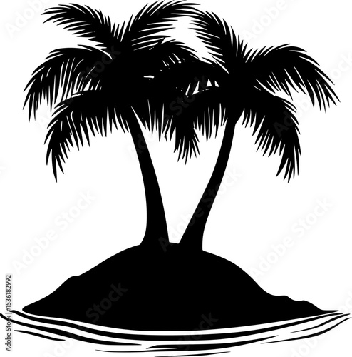 Black Silhouette Vector of Tropical Island and Palm Tree