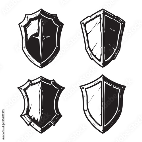 Four hand drawn shield designs in a grayscale silhouette perfect for logos emblems and heraldic illustrations