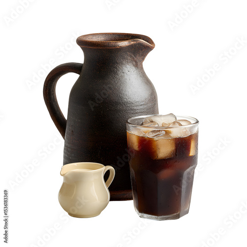 Iced black coffee with ice cubes served in glass beside dark ceramic jug and white cream pitcher isolated on transparent background