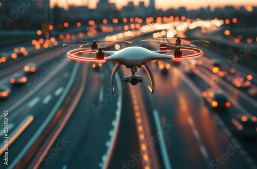Autonomous traffic drone hovering above an AI-controlled junction on the