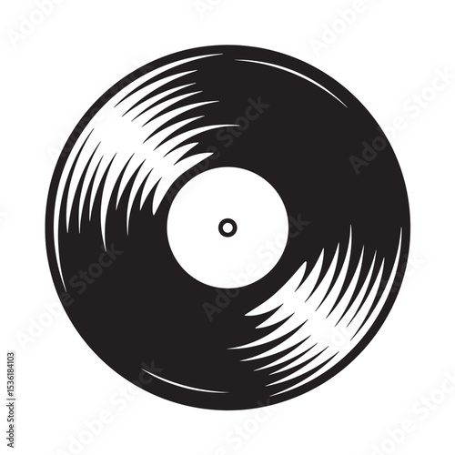 Simple bold black and white illustration of a classic vinyl record silhouette against a plain white backdrop suitable for design elements.