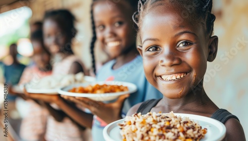 Close up of happy African children eating food at school, after being fed by an international organization that depicts global souls and plates with grains in the background.