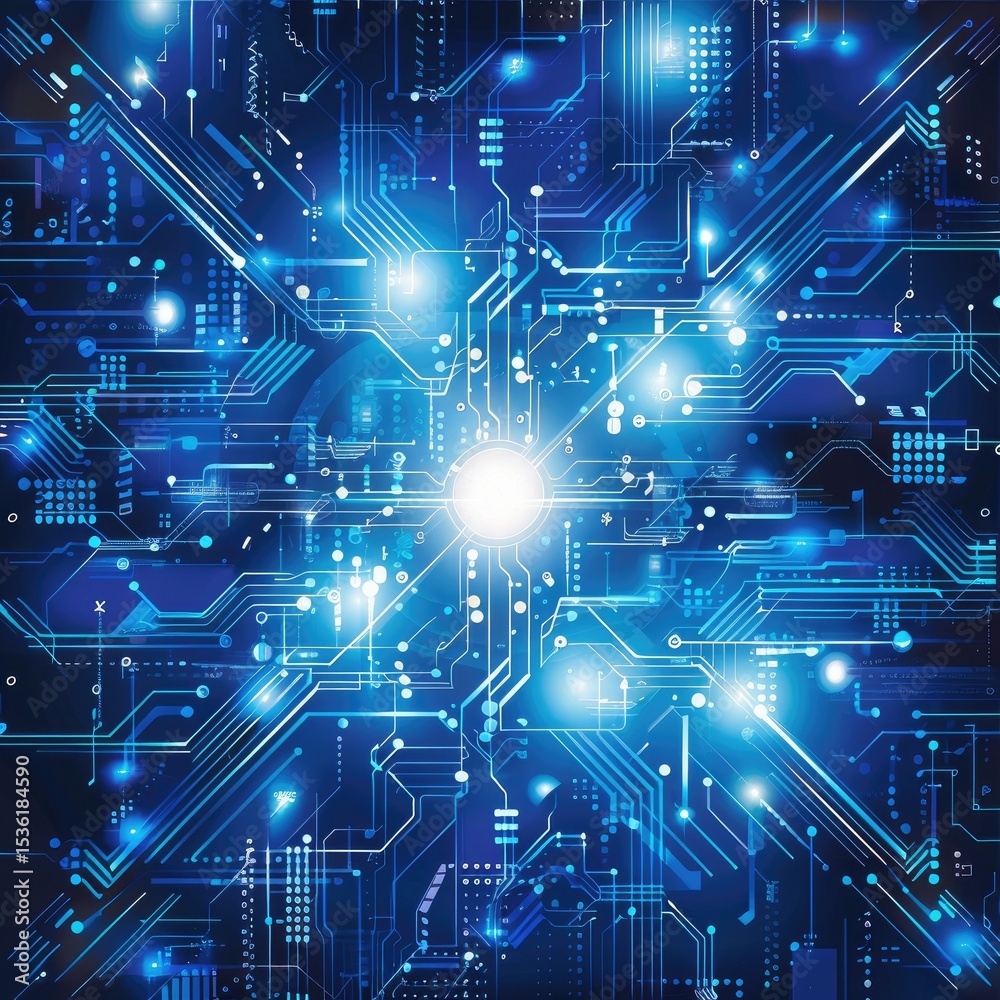 Fototapeta premium abstract technology background with a blue and white color scheme, vector illustration depicting digital circuitry patterns in the futuristic tech elements and tech symbols style