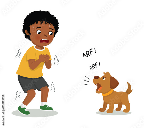 Little African boy afraid of a dog barking make him shivering and trembling
