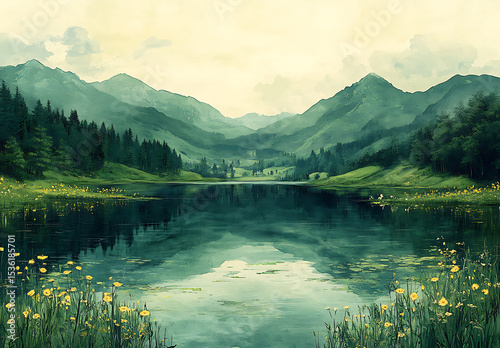 Lake Landscape Mockup with Mountains, Greenery, and Wildflowers

