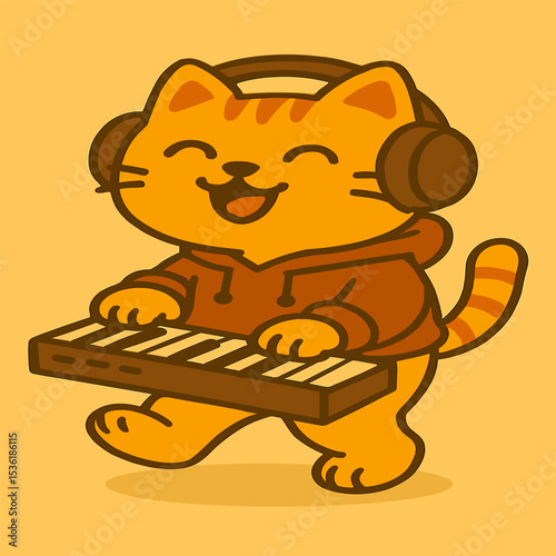 A stylish cartoon cat plays a keyboard with a joyful expression. It wears headphones and a hoodie, adding a modern and cool touch to the vector illustration.