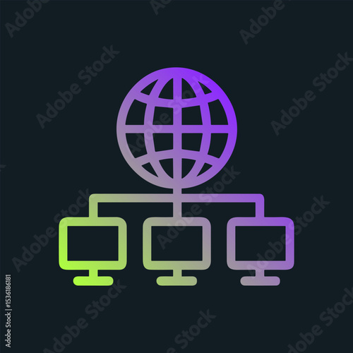 Networked globe connected to desktop computers. Icon symbol illustration