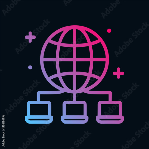 Global network connecting multiple computers. Icon symbol illustration