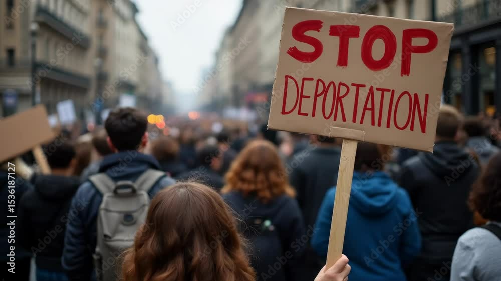 People protesting on a city street, stop deportation