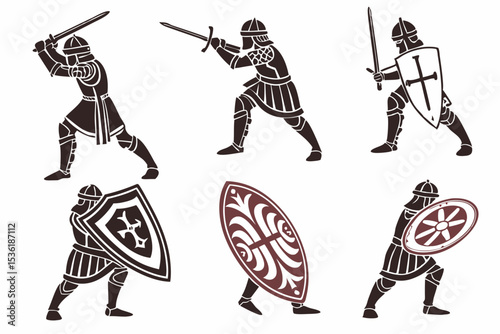 set of Medieval Knight silhouette vector illustration