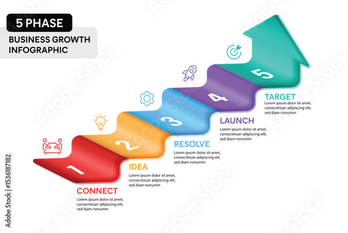3D Arrow Infographic Vector Illustration. 5 Step Business Growth Projection Infographic Concept.