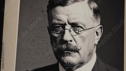 Vintage-style portrait of a man with glasses and a mustache, captured from a straight-on angle, reminiscent of early 20th-century video footage.
