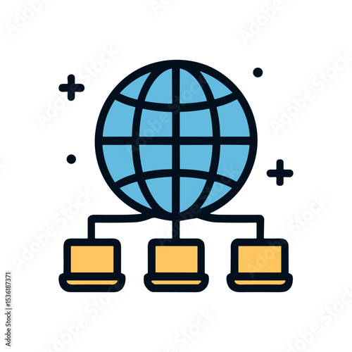 Connected world networked computers and communication. Icon symbol illustration