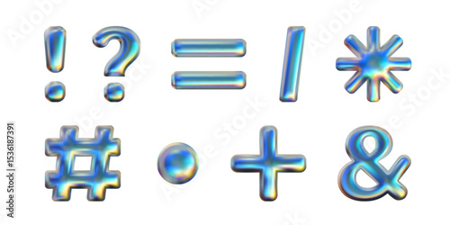 Y2k math signs set. Shining metallic dot, hashtag, ampersand, plus, exclamation and question marks. Vector 3d icons shapes isolated on white. Equally, plus and multiply