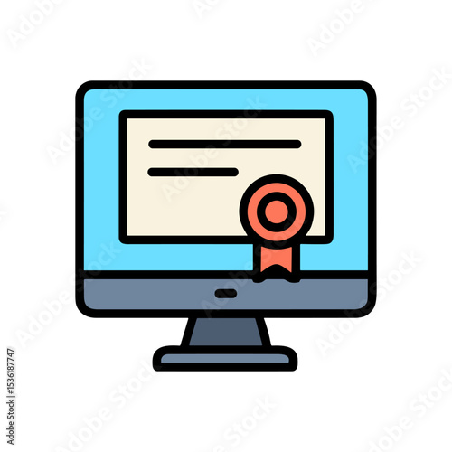 Online certificate on a desktop computer. Icon symbol illustration