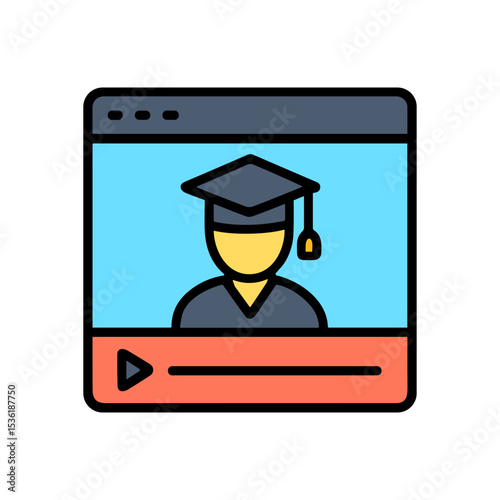 Educational video features graduating student. Icon symbol illustration