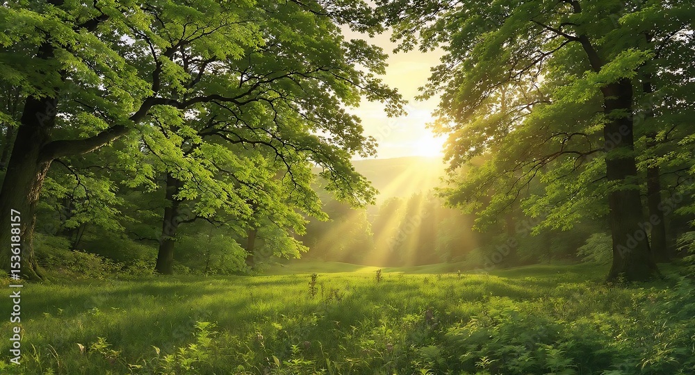 Obraz premium Sunbeams Through Lush Forest