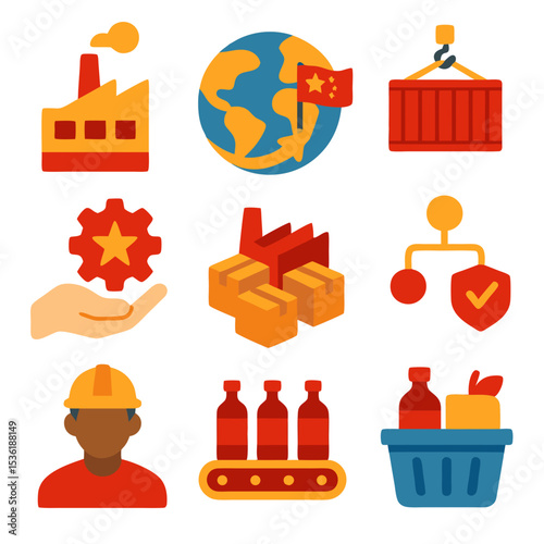 Made in China icons represent global supply chain and manufacturing. Perfect for presentations, articles, websites, and educational materials about production processes.