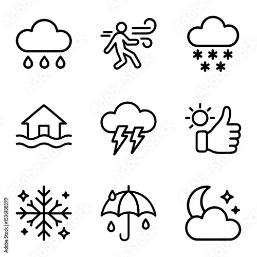 Weather icons depicting varied conditions. Icon symbol illustration