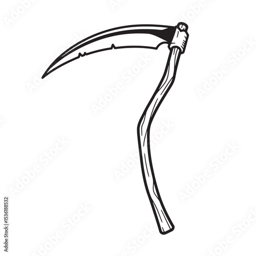 A black and white silhouette illustration of a grim reaper's scythe with curved blade and wooden handle against a white background