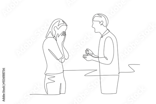 Woman who is proposed to by her partner. Engagement concept one-line drawing