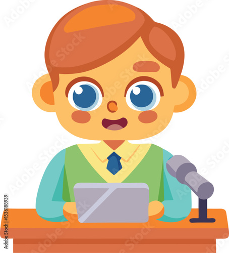 Cute and cartoon style a young boy sitting at a news desk, holding a tablet vector illustration